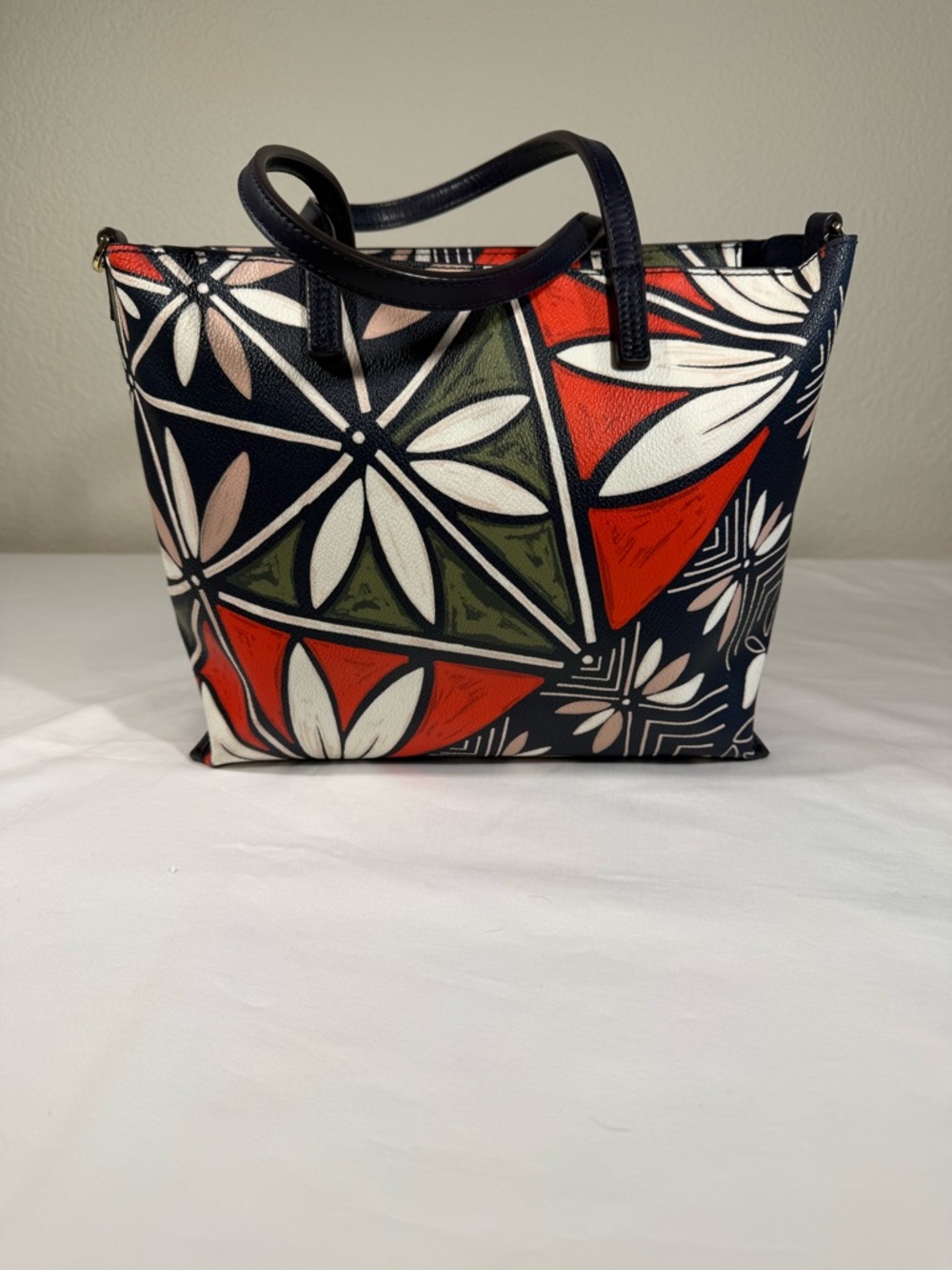Tory Burch Navy Floral Geo Tote with Red and Olive Accents - Picture 2 of 9